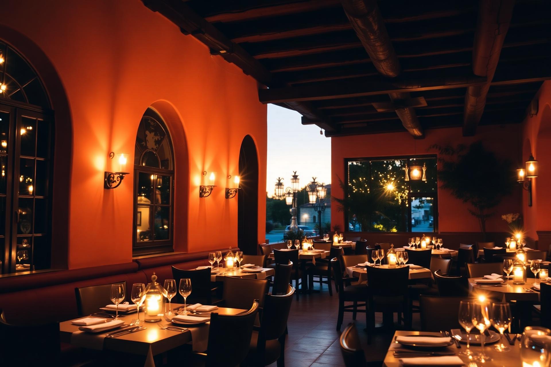Candlelit interior of Casa Olivar restaurant at dusk