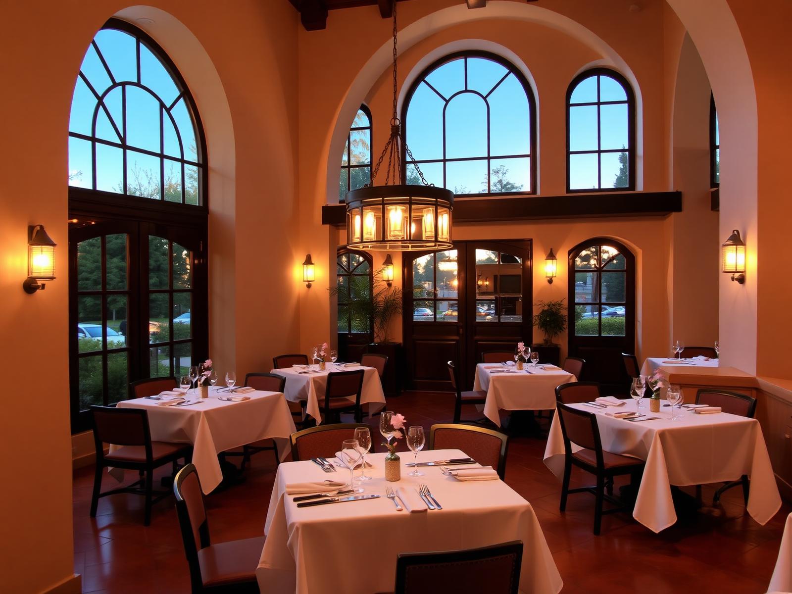 Casa Olivar dining room with arched windows